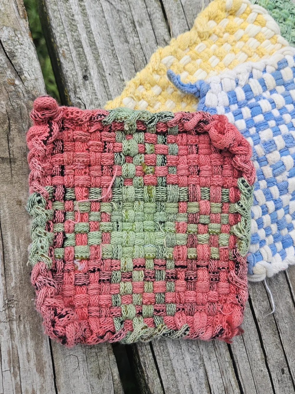 Colorful Handmade Woven Potholders and Hot Pads Made from Cotton Jersey Loops